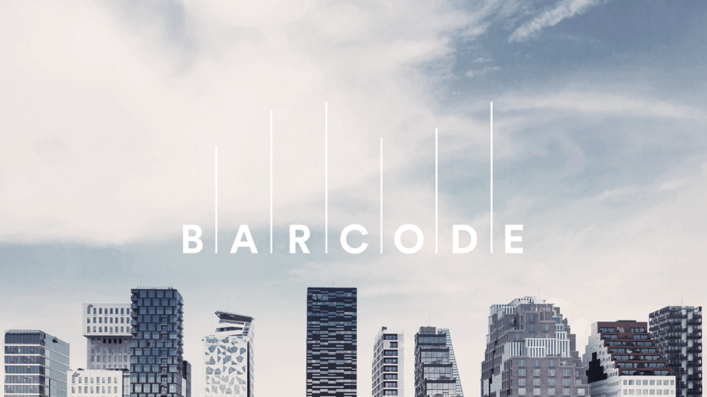 Skyline and sky of Oslo, Norway with Barcode logo in white